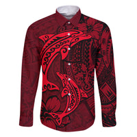 Polynesian Dolphin Valentine Day Family Matching Short Sleeve Bodycon Dress and Hawaiian Shirt Hibiscus and Tribal Tattoo Red Style LT03 Dad's Shirt - Long Sleeve Red - Polynesian Pride