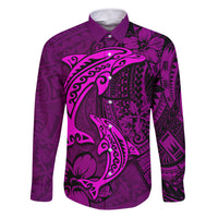 Polynesian Dolphin Valentine Day Family Matching Summer Maxi Dress and Hawaiian Shirt Hibiscus and Tribal Tattoo Pink Style LT03 Dad's Shirt - Long Sleeve Pink - Polynesian Pride