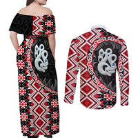 Red Taniko Motif Aotearoa Manaia and Silver Fern Couples Matching Off Shoulder Maxi Dress and Long Sleeve Button Shirt LT03 - Polynesian Pride