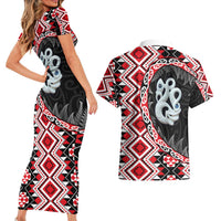Red Taniko Motif Aotearoa Manaia and Silver Fern Couples Matching Short Sleeve Bodycon Dress and Hawaiian Shirt LT03 - Polynesian Pride
