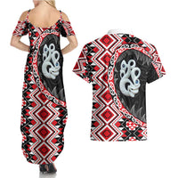 Red Taniko Motif Aotearoa Manaia and Silver Fern Couples Matching Summer Maxi Dress and Hawaiian Shirt LT03 - Polynesian Pride