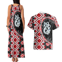 Red Taniko Motif Aotearoa Manaia and Silver Fern Couples Matching Tank Maxi Dress and Hawaiian Shirt LT03 - Polynesian Pride