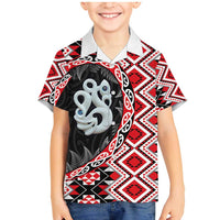 Red Taniko Motif Aotearoa Manaia and Silver Fern Family Matching Mermaid Dress and Hawaiian Shirt LT03 Son's Shirt Red - Polynesian Pride