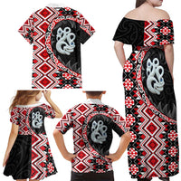 Red Taniko Motif Aotearoa Manaia and Silver Fern Family Matching Off Shoulder Maxi Dress and Hawaiian Shirt LT03 - Polynesian Pride