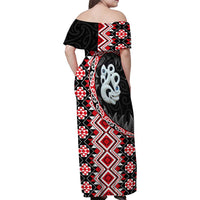 Red Taniko Motif Aotearoa Manaia and Silver Fern Family Matching Off Shoulder Maxi Dress and Hawaiian Shirt LT03 - Polynesian Pride