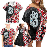 Red Taniko Motif Aotearoa Manaia and Silver Fern Family Matching Off Shoulder Short Dress and Hawaiian Shirt LT03 - Polynesian Pride