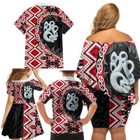 Red Taniko Motif Aotearoa Manaia and Silver Fern Family Matching Off Shoulder Short Dress and Hawaiian Shirt LT03 - Polynesian Pride