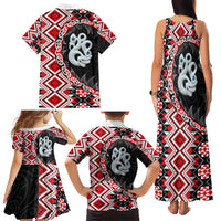 Red Taniko Motif Aotearoa Manaia and Silver Fern Family Matching Tank Maxi Dress and Hawaiian Shirt LT03 - Polynesian Pride