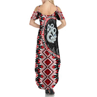 Red Taniko Motif Aotearoa Manaia and Silver Fern Summer Maxi Dress