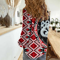 Red Taniko Motif Aotearoa Manaia and Silver Fern Women Casual Shirt LT03 - Polynesian Pride