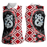 Red Taniko Motif Aotearoa Manaia and Silver Fern Women Sleeveless Polo Shirt LT03 - Polynesian Pride