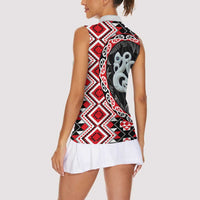 Red Taniko Motif Aotearoa Manaia and Silver Fern Women Sleeveless Polo Shirt LT03 - Polynesian Pride