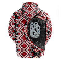 Red Taniko Motif Aotearoa Manaia and Silver Fern Zip Hoodie