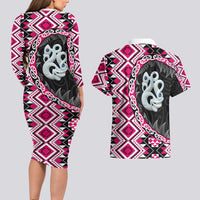 Pink Taniko Motif Aotearoa Manaia and Silver Fern Couples Matching Long Sleeve Bodycon Dress and Hawaiian Shirt LT03 - Polynesian Pride