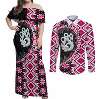 Pink Taniko Motif Aotearoa Manaia and Silver Fern Couples Matching Off Shoulder Maxi Dress and Long Sleeve Button Shirt LT03 Pink - Polynesian Pride