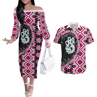 Pink Taniko Motif Aotearoa Manaia and Silver Fern Couples Matching Off The Shoulder Long Sleeve Dress and Hawaiian Shirt LT03 Pink - Polynesian Pride