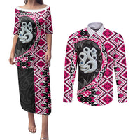 Pink Taniko Motif Aotearoa Manaia and Silver Fern Couples Matching Puletasi and Long Sleeve Button Shirt LT03 Pink - Polynesian Pride