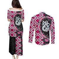 Pink Taniko Motif Aotearoa Manaia and Silver Fern Couples Matching Puletasi and Long Sleeve Button Shirt LT03 - Polynesian Pride
