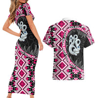 Pink Taniko Motif Aotearoa Manaia and Silver Fern Couples Matching Short Sleeve Bodycon Dress and Hawaiian Shirt LT03 - Polynesian Pride