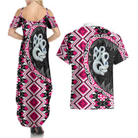 Pink Taniko Motif Aotearoa Manaia and Silver Fern Couples Matching Summer Maxi Dress and Hawaiian Shirt LT03 - Polynesian Pride
