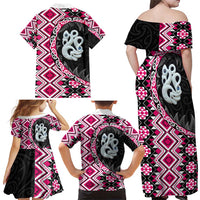 Pink Taniko Motif Aotearoa Manaia and Silver Fern Family Matching Off Shoulder Maxi Dress and Hawaiian Shirt LT03 - Polynesian Pride