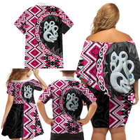 Pink Taniko Motif Aotearoa Manaia and Silver Fern Family Matching Off Shoulder Short Dress and Hawaiian Shirt LT03 - Polynesian Pride