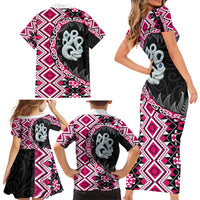 Pink Taniko Motif Aotearoa Manaia and Silver Fern Family Matching Short Sleeve Bodycon Dress and Hawaiian Shirt LT03 - Polynesian Pride