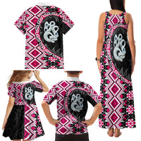 Pink Taniko Motif Aotearoa Manaia and Silver Fern Family Matching Tank Maxi Dress and Hawaiian Shirt LT03 - Polynesian Pride