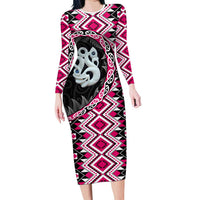 Pink Taniko Motif Aotearoa Manaia and Silver Fern Long Sleeve Bodycon Dress LT03 Long Dress Pink - Polynesian Pride