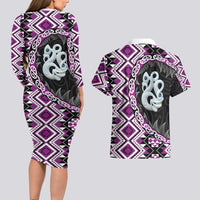 Purple Taniko Motif Aotearoa Manaia and Silver Fern Couples Matching Long Sleeve Bodycon Dress and Hawaiian Shirt LT03 - Polynesian Pride