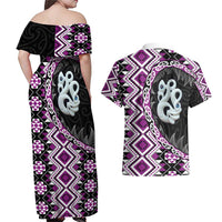 Purple Taniko Motif Aotearoa Manaia and Silver Fern Couples Matching Off Shoulder Maxi Dress and Hawaiian Shirt LT03 - Polynesian Pride