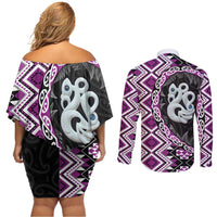 Purple Taniko Motif Aotearoa Manaia and Silver Fern Couples Matching Off Shoulder Short Dress and Long Sleeve Button Shirt LT03 - Polynesian Pride