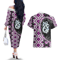 Purple Taniko Motif Aotearoa Manaia and Silver Fern Couples Matching Off The Shoulder Long Sleeve Dress and Hawaiian Shirt LT03 - Polynesian Pride
