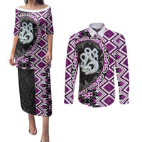 Purple Taniko Motif Aotearoa Manaia and Silver Fern Couples Matching Puletasi and Long Sleeve Button Shirt LT03 Purple - Polynesian Pride