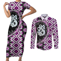 Purple Taniko Motif Aotearoa Manaia and Silver Fern Couples Matching Short Sleeve Bodycon Dress and Long Sleeve Button Shirt LT03 Purple - Polynesian Pride