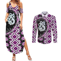 Purple Taniko Motif Aotearoa Manaia and Silver Fern Couples Matching Summer Maxi Dress and Long Sleeve Button Shirt LT03 Purple - Polynesian Pride