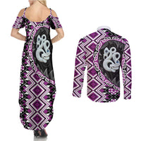 Purple Taniko Motif Aotearoa Manaia and Silver Fern Couples Matching Summer Maxi Dress and Long Sleeve Button Shirt LT03 - Polynesian Pride