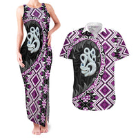 Purple Taniko Motif Aotearoa Manaia and Silver Fern Couples Matching Tank Maxi Dress and Hawaiian Shirt LT03 Purple - Polynesian Pride