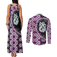 Purple Taniko Motif Aotearoa Manaia and Silver Fern Couples Matching Tank Maxi Dress and Long Sleeve Button Shirt LT03 - Polynesian Pride