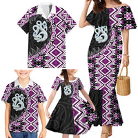 Purple Taniko Motif Aotearoa Manaia and Silver Fern Family Matching Mermaid Dress and Hawaiian Shirt LT03 - Polynesian Pride