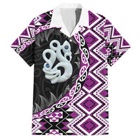 Purple Taniko Motif Aotearoa Manaia and Silver Fern Family Matching Off Shoulder Maxi Dress and Hawaiian Shirt LT03 Dad's Shirt - Short Sleeve Purple - Polynesian Pride