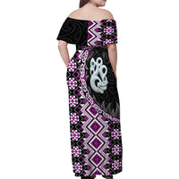 Purple Taniko Motif Aotearoa Manaia and Silver Fern Family Matching Off Shoulder Maxi Dress and Hawaiian Shirt LT03 - Polynesian Pride