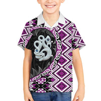 Purple Taniko Motif Aotearoa Manaia and Silver Fern Family Matching Off Shoulder Short Dress and Hawaiian Shirt LT03 Son's Shirt Purple - Polynesian Pride