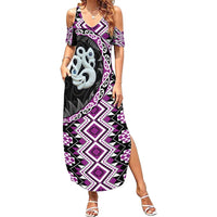 Purple Taniko Motif Aotearoa Manaia and Silver Fern Family Matching Summer Maxi Dress and Hawaiian Shirt LT03 Mom's Dress Purple - Polynesian Pride