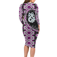 Purple Taniko Motif Aotearoa Manaia and Silver Fern Long Sleeve Bodycon Dress LT03 - Polynesian Pride