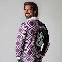 Purple Taniko Motif Aotearoa Manaia and Silver Fern Long Sleeve Polo Shirt LT03 - Polynesian Pride
