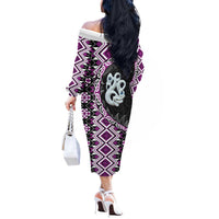 Purple Taniko Motif Aotearoa Manaia and Silver Fern Off The Shoulder Long Sleeve Dress LT03 - Polynesian Pride