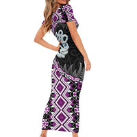 Purple Taniko Motif Aotearoa Manaia and Silver Fern Short Sleeve Bodycon Dress LT03 - Polynesian Pride