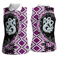 Purple Taniko Motif Aotearoa Manaia and Silver Fern Women Sleeveless Polo Shirt LT03 - Polynesian Pride