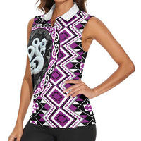 Purple Taniko Motif Aotearoa Manaia and Silver Fern Women Sleeveless Polo Shirt LT03 - Polynesian Pride
